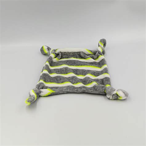 Doudou plat carré gris blanc vert fluo rayures