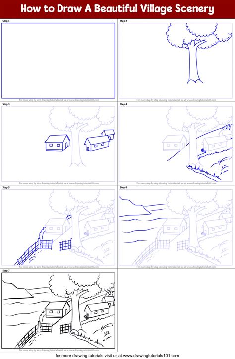 Beautiful Village Scene Drawing - How to draw village scenery, easy ...