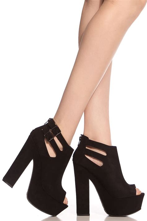 Black Faux Suede Peep Toe Chunky Platform Heels Cicihot Heel Shoes