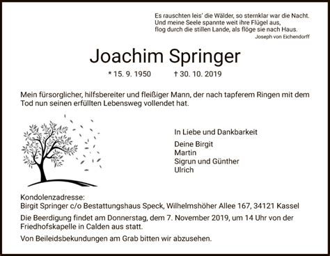 Traueranzeigen Von Joachim Springer Trauer HNA De