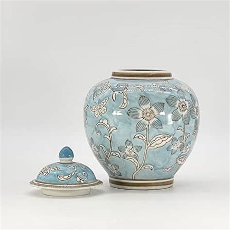 Galt International Light Blue And White Floral Chinoiserie Jar W