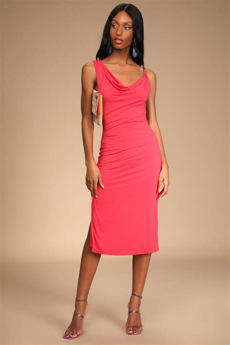 Coral Midi Dress Asymmetrical Midi Dress Cowl Neck Dress Lulus