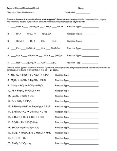 Chemical Equation Worksheet Types Of Reactions