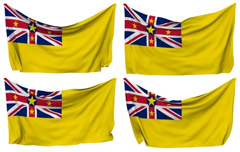 Niue Islands Pinned Flag From Corners Isolated With Different Waving