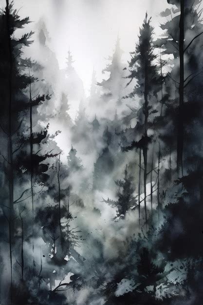 Una pintura de acuarela de un bosque con niebla y árboles Foto Premium