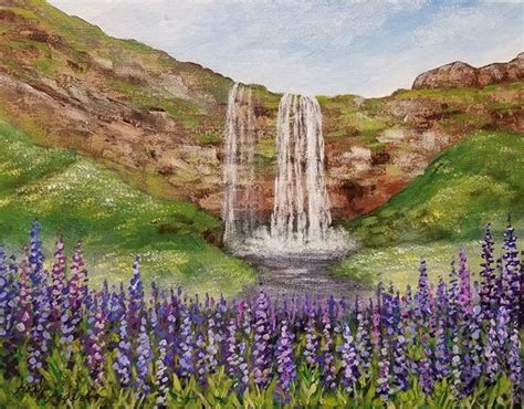 Waterfall With Lupine Wildflowers Acrylic Painting Tutorial By Angela