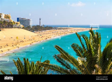 Aerial view of beach in Morro del Jable town (Morro Jable beach) on Fuerteventura island, Canary ...