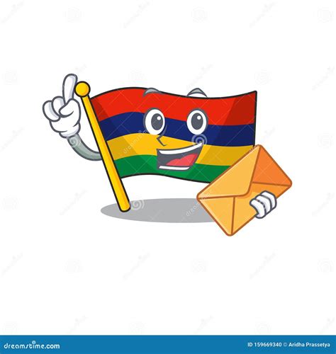 With Envelope Flag Mauritius Hoisted Above Cartoon Pole Vector Illustration