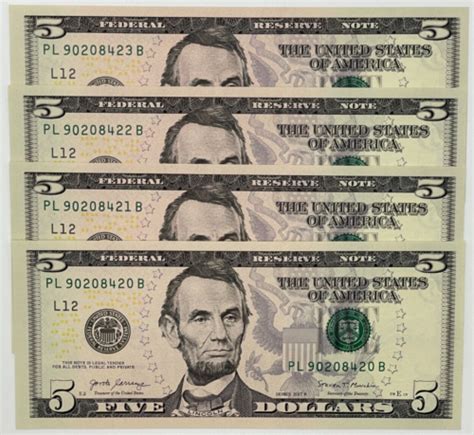 New Uncirculated Five Dollar Bills Series A Sequential Notes Lot