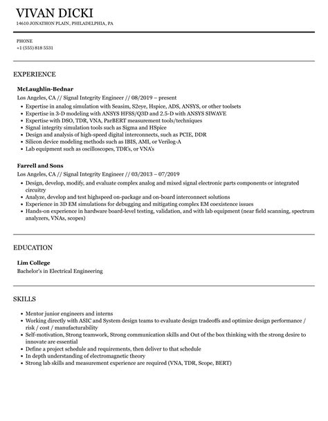 Signal Integrity Engineer Resume Samples Velvet Jobs