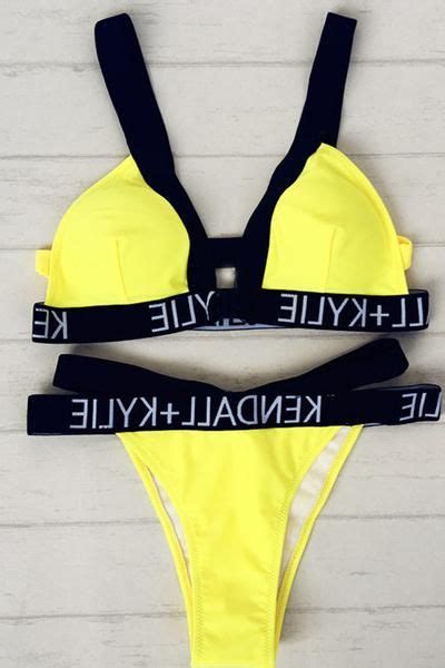 Casual Yellow Plunge Tape Detailed Bikini Set Bikinis Bikini Set