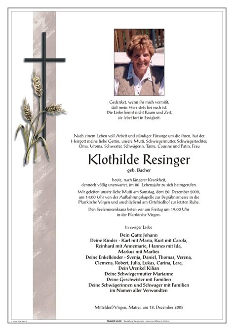 Todesanzeige Klothilde Resinger Trauer Link