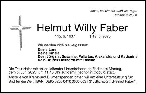 Helmut Willy Faber Traueranzeige Trauer InFranken De