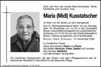 Traueranzeigen Von Maria Midl Kusstatscher Trauer Bz