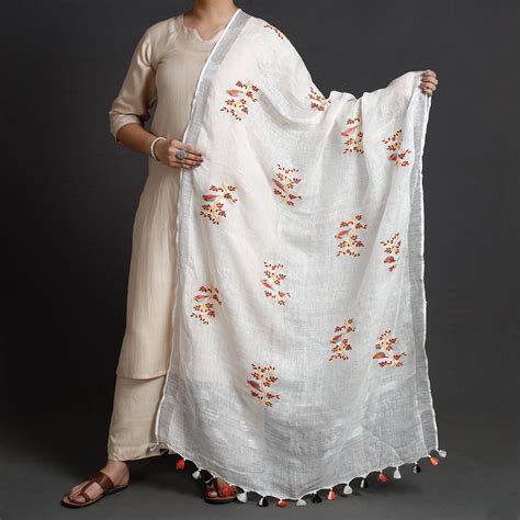 Pure Linen Hand Embroidery Dupatta With Tassels Pure Linen Hand