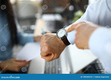 Man In Office Shows A Finger At Clock Stock Photo Image Of Minute