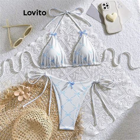 Lovito Women Casual Ditsy Floral Pattern Bow Bikini Sets LNA Shopee Philippines