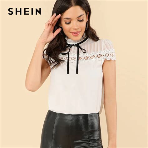 Aliexpress Buy Shein White Elegant Contrast Lace Button Stand