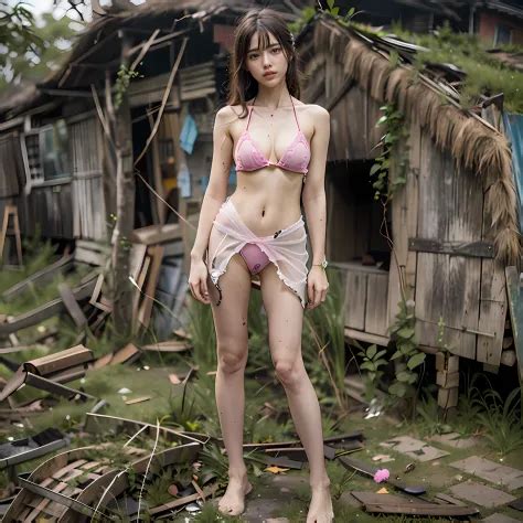 Abandoned Country Thatched HutPink Transparent BikiniNo CoatVery Few