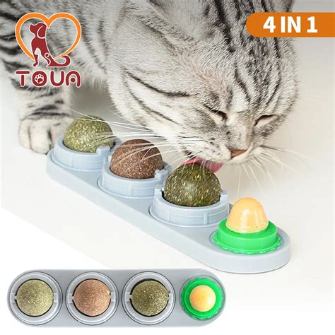 TOUA 4 Catnip Toys Silvervine Balls Teeth Cleaning Dental Wall Treats