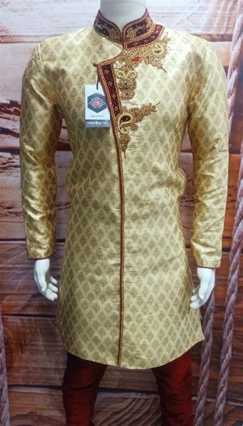 Embroidered Men Traditional Wedding Sherwani Cream And Maroon At Rs