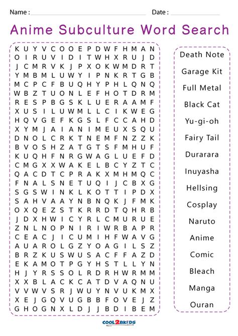 Printable Anime Word Search