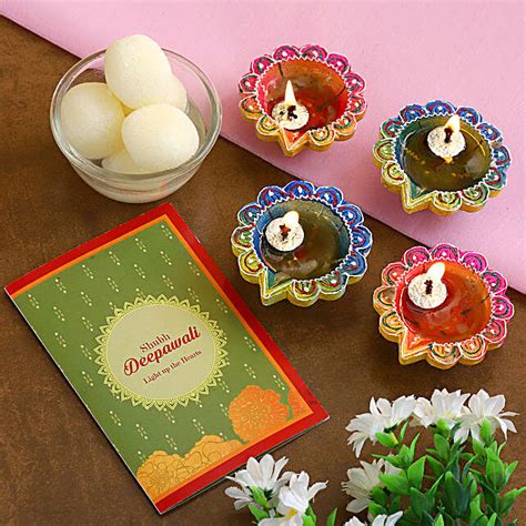 Decorative Diwali Diyas With Greeting Card And Rasgulla Germany Gift