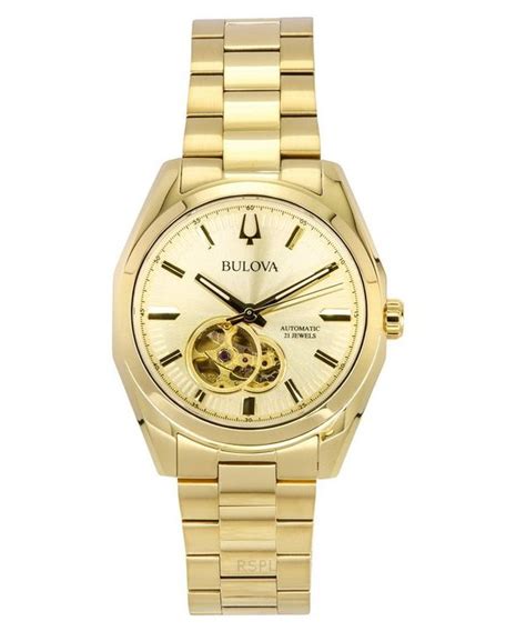 Bulova Surveyor Gold Tone Stainless Steel Open Heart Champagne Dial