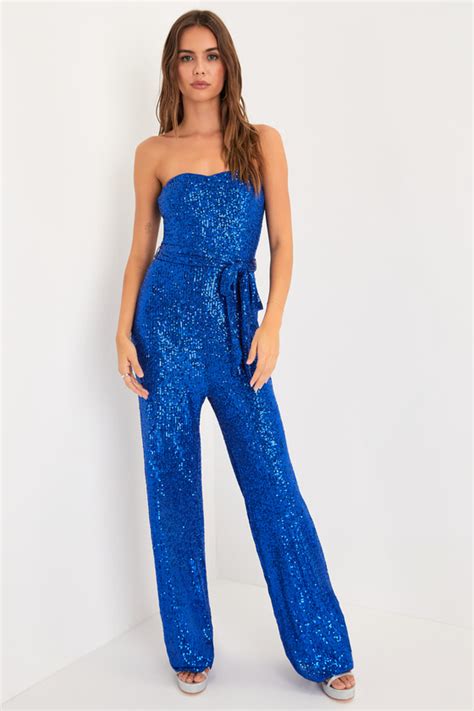 Sequin Jumpsuit Blue Strapless Jumpsuit Wide Leg Jumpsuit Lulus