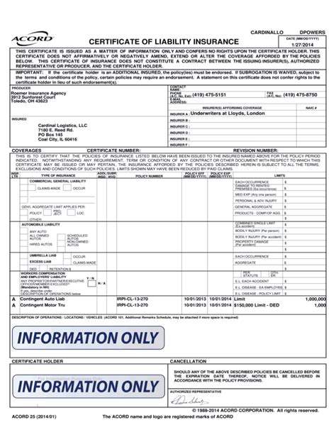 Fillable Certificate Of Insurance Template