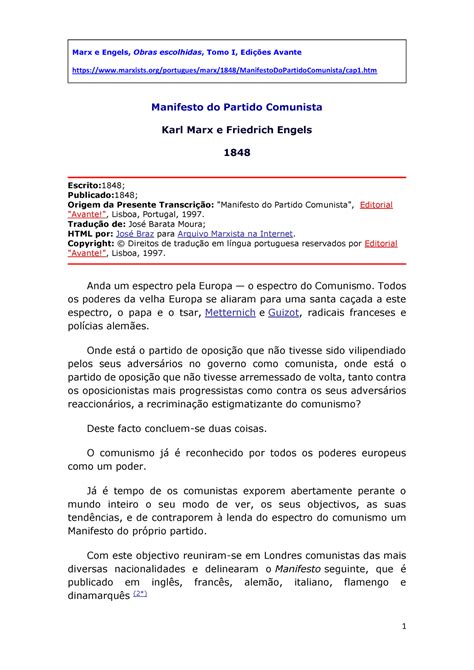 Texto 5 Karl Marx Manifesto Do Partido Comunista 1848 Manifesto Do