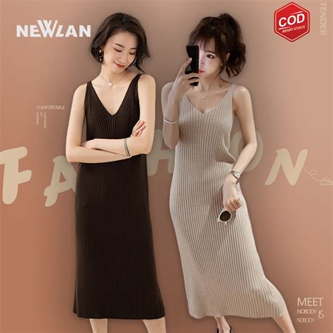 Jual Newlan Qz Korean V Neck Long Dress Wanita Beludru Premium A