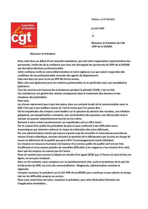 Déclaration liminaire de la CGT IP au CSA du SPIP 86 du 7 avril 2023