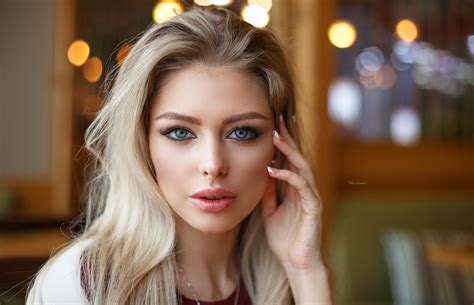 Maksim Romanov Blue Eyes White Nails Bokeh Women Olga Portrait