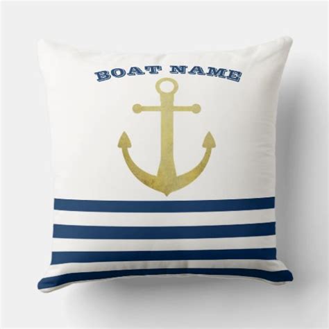 Nautical Boat Name Gold Anchor Navy Blue Stripes Throw Pillow Zazzle