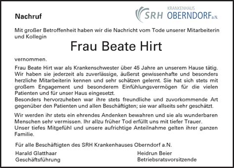 Traueranzeigen Von Beate Hirt Schwarzw Lder Bote Trauer