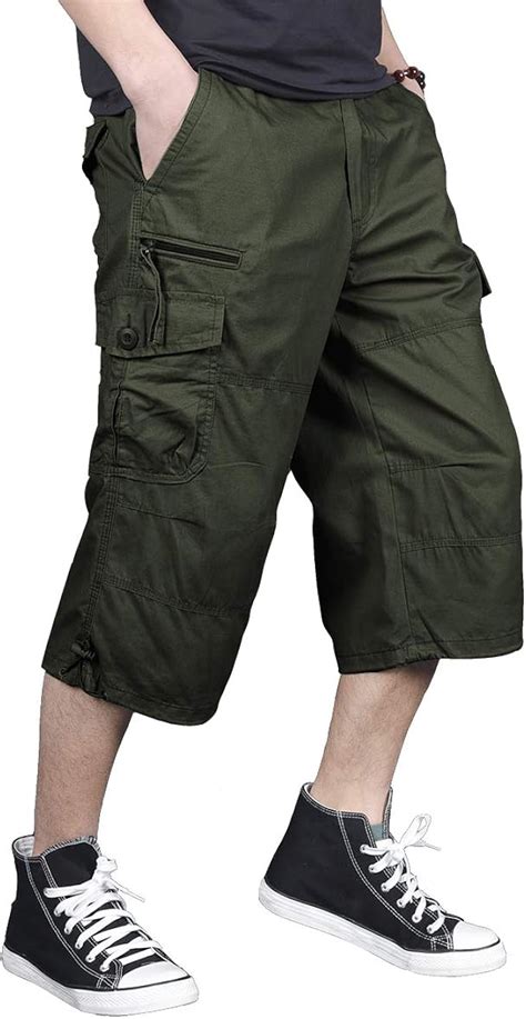 Fedtosing Cargo Shorts For Men Loose Fit Elastic Waist Twill 34 Capri Long Shorts With Multi