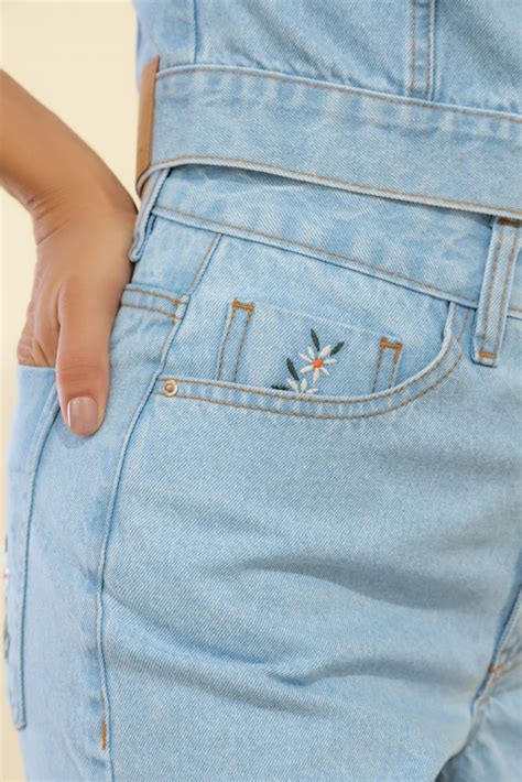 Calça Wide Leg Flores Em Jeans Angel