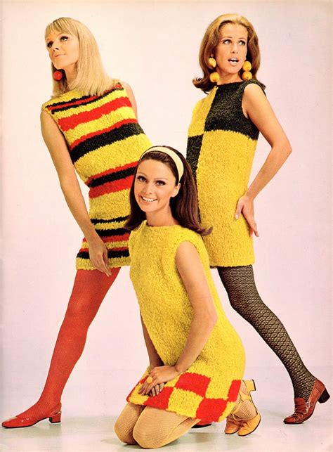 Yellow Geometry Sweater Dresses 1960s Sixties Fashion 1960s Mod