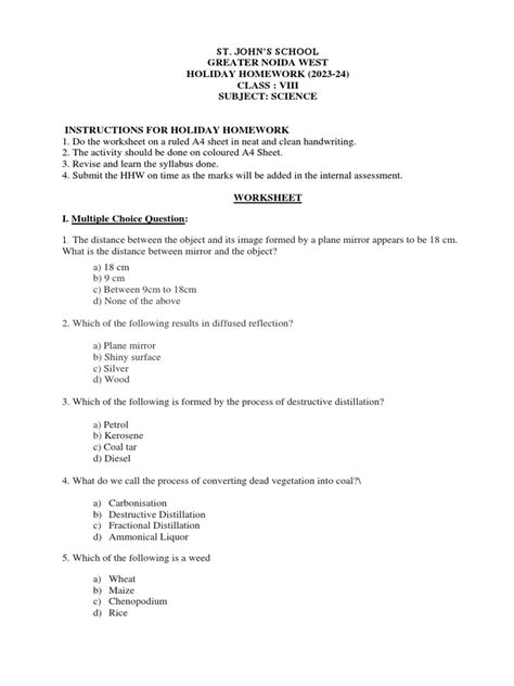 Science Holiday Homework Viii2324 | PDF | Mirror | Petroleum