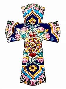 Amazon CALUOHO Small Wooden Cross Hand Painted Floral Ceramic Wall