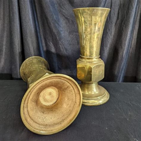 Pair Vintage Very Heavy Brass Church Flower Vases With Hexagonal Bowls