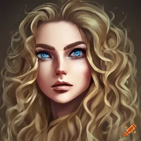 Portrait Of A Woman With Curly Hair And Bright Blue Eyes