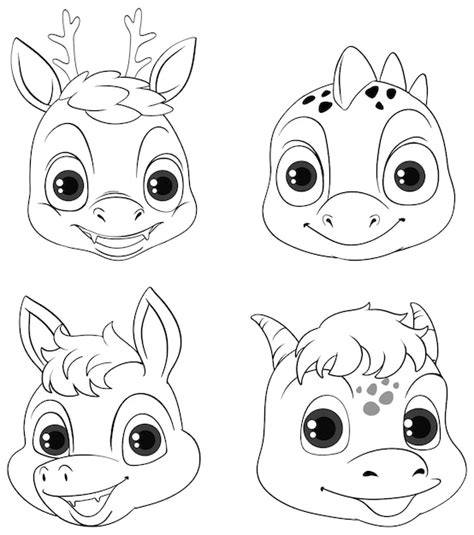 Free Vector | Set of dinosaur dragon cartoon facedoodle coloring character