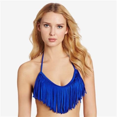 Luli Fama Blue Fringe Swim Halter Bikini Top M Gem