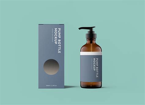 Free Amber Glass Pump Bottle With Packaging Mockup PSD - Good Mockups