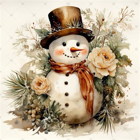 Vintage Snowman in Winter Scenery Clipart Bundle 10 High Quality Watercolor Jpgs Christmas ...