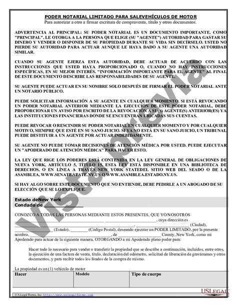 New York Poder Notarial Para La Venta De Vehículos De Motor Poder Venta Us Legal Forms