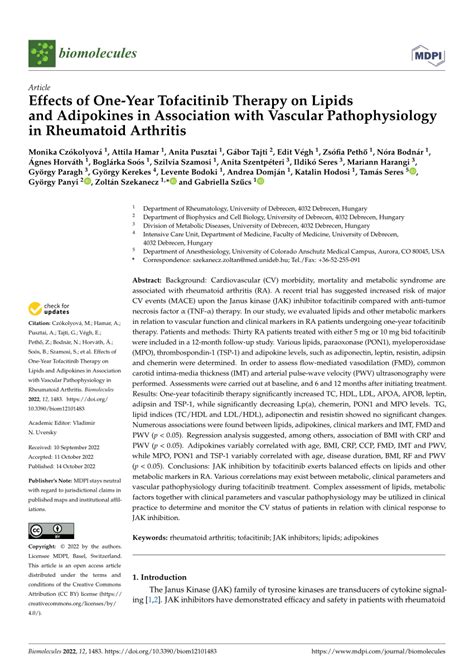 Pdf Effects Of One Year Tofacitinib Therapy On Lipids And Adipokines