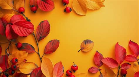autumn leaves  berries  yellow background premium ai generated image